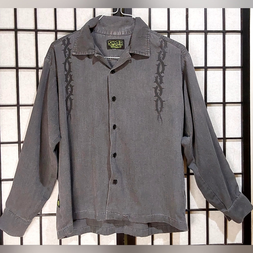 Vtg Y2K SINISTER Mens Button Down Collared Long Sleeves Sz M Rods Print Gray